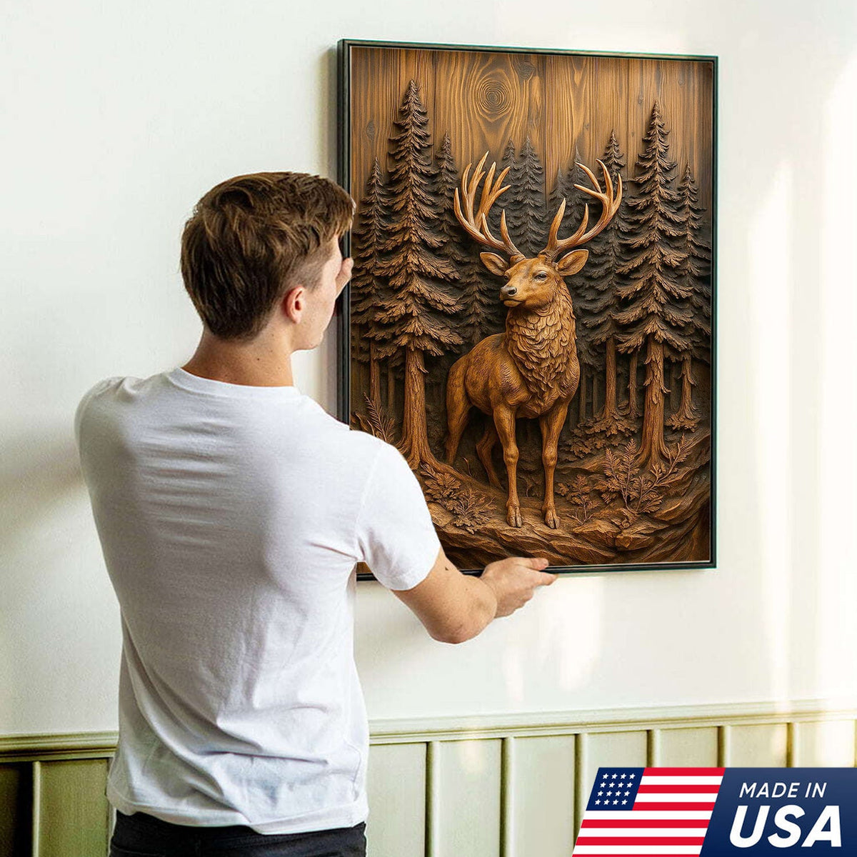 Deer in Pine Forest Canvas Wall Art, Rustic Wood Carved Look Buck Artwork