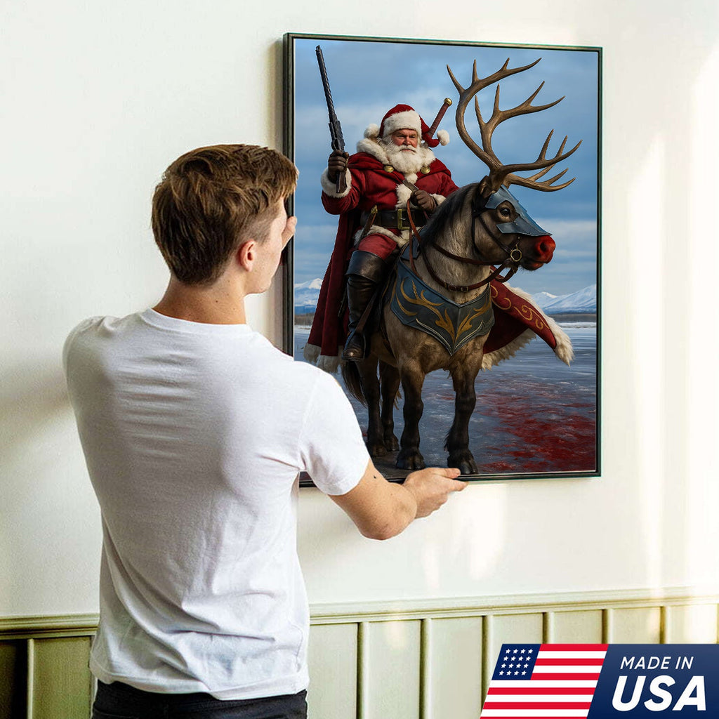 Epic Santa Riding Reindeer Canvas Wall Art, Fantasy Warrior Santa on Armored Reindeer