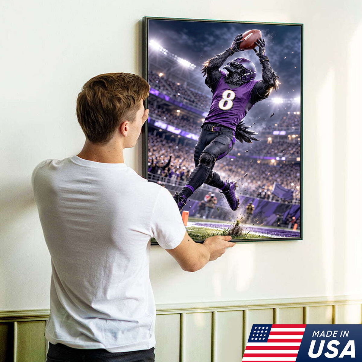 Raven Football Player Canvas Wall Art – Purple Stadium Touchdown Action Print