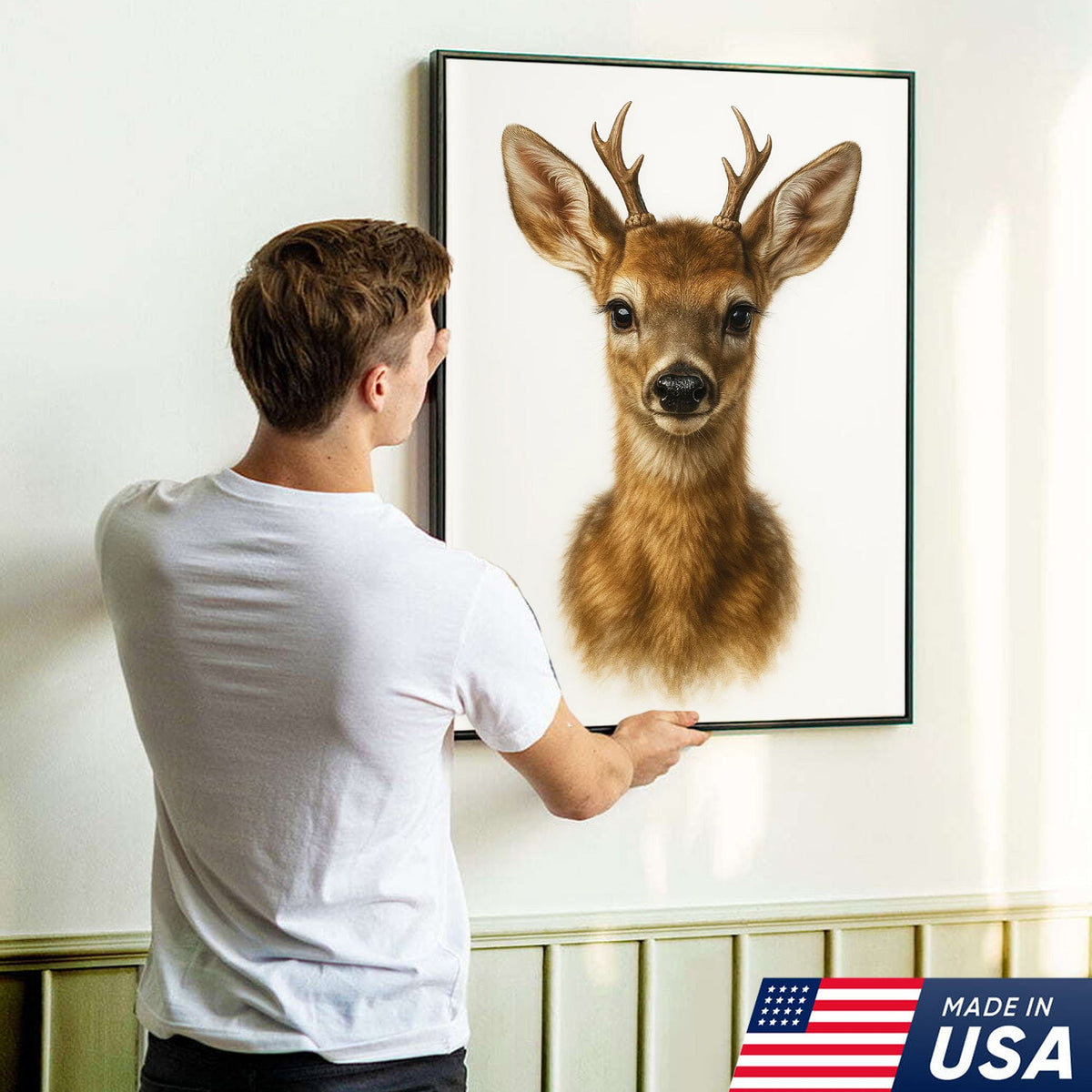 Minimalist Deer Canvas Wall Art, Realistic Baby Buck Portrait, Modern Wildlife Animal Print