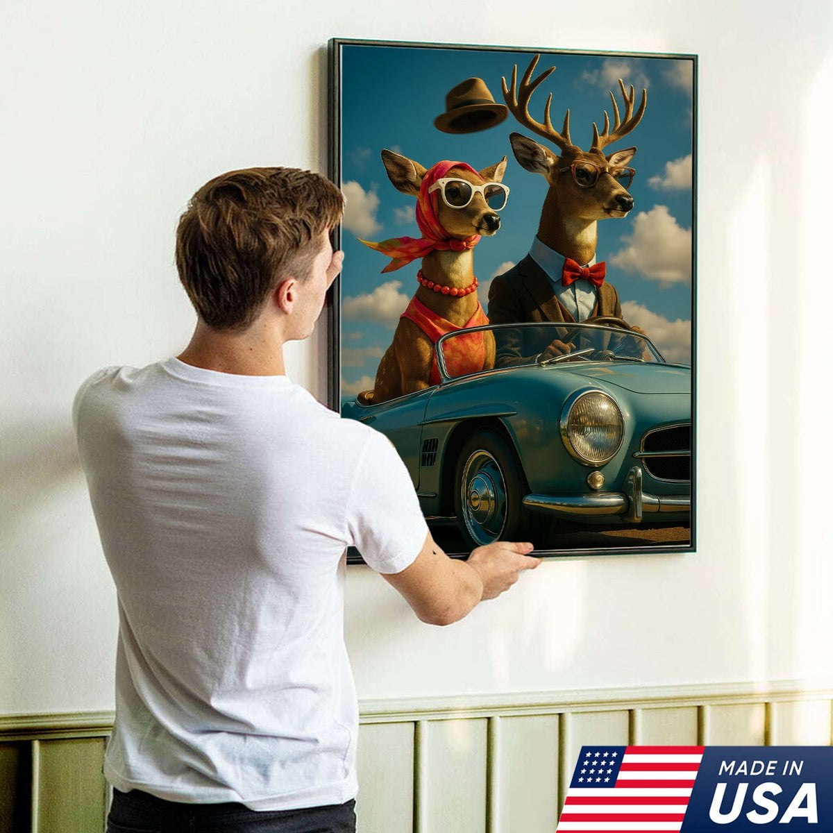 Retro Deer Couple Driving Canvas – Funny Buck & Doe in Convertible, Vintage Wall Art