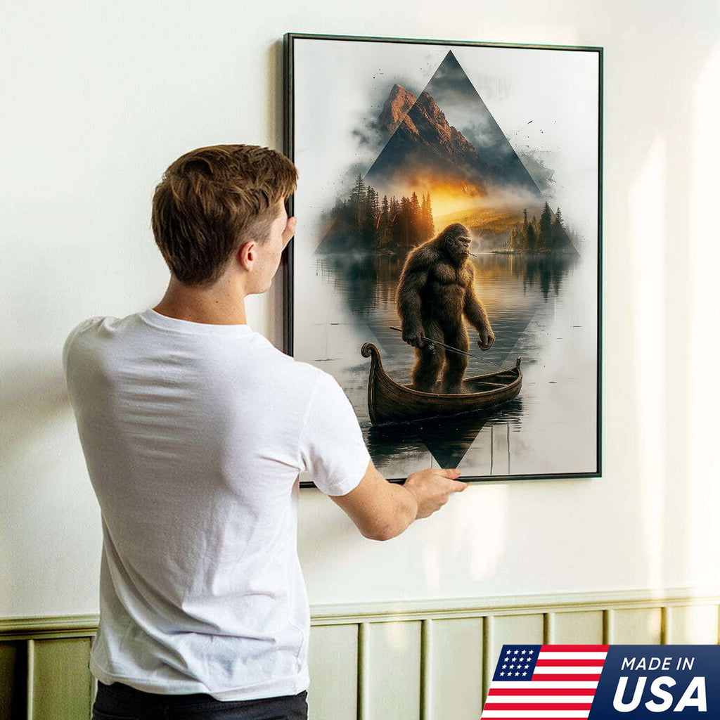 Bigfoot Fishing On Wooden Boat Adventure Canvas Wall Art – Mysterious Forest Lake Decor