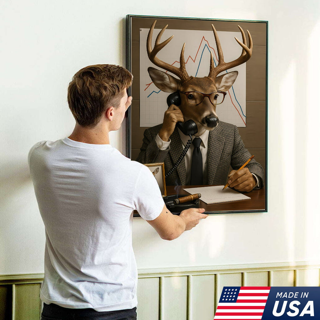 Funny Deer Businessman Canvas, Hilarious Office Buck Wall Art, Quirky Animal Decor for Workspace