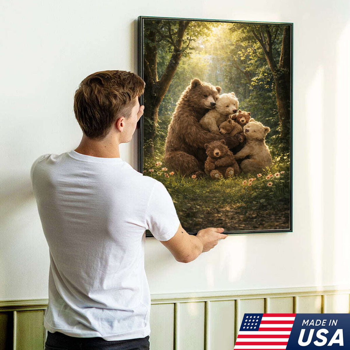 Heartwarming Bear Family Canvas Wall Art, Mother Bear with Cubs in Sunlit Forest