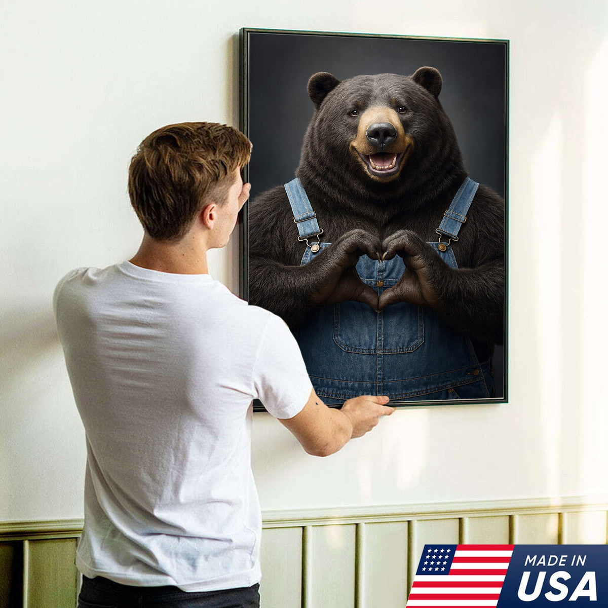 Cute Bear Heart Hands Wall Art Canvas – Whimsical Animal Print for Cabin