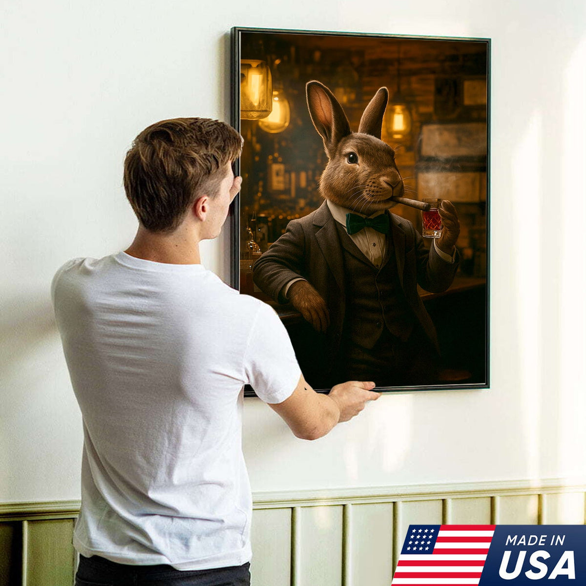Rabbit Gentleman Wall Art – Classy Drinking & Smoking Canvas for Bar, Lodge & Man Cave Decor
