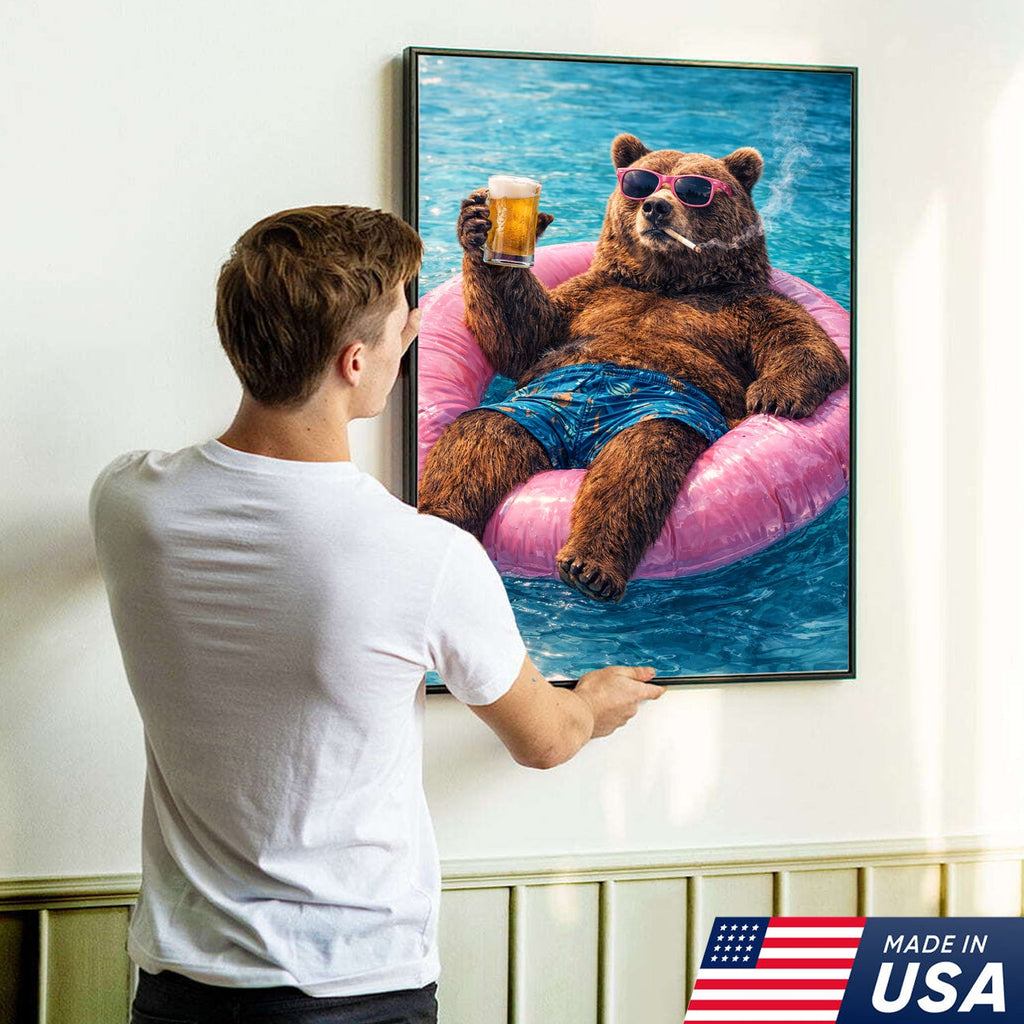 Funny Bear Pool Canvas Wall Art – Cool Bear Drinking Beer Funny Animal Decor