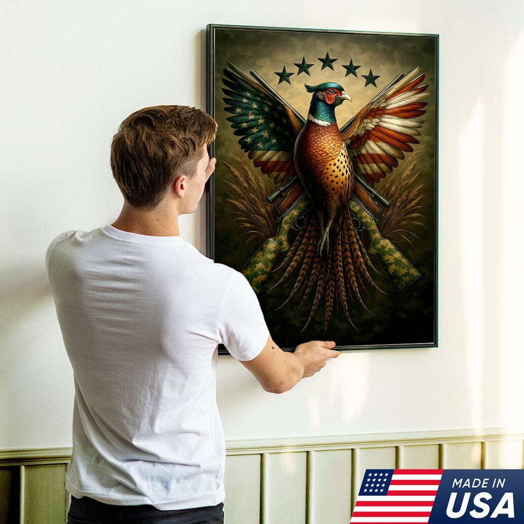 American Flag Pheasant Canvas Wall Art, Patriotic Hunting Decor for Men, Rustic Cabin Artwork