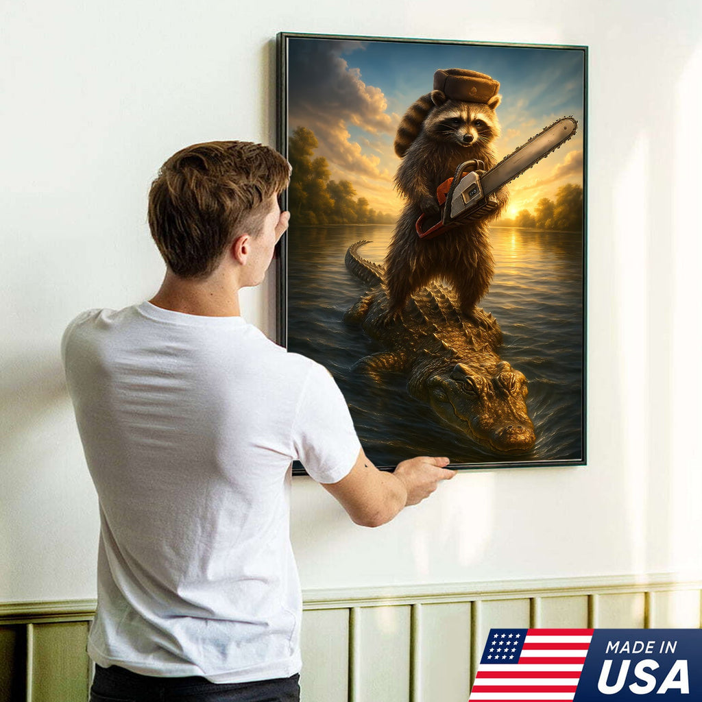 Badass Raccoon Riding Alligator Canvas – Funny Gift for Men, Hunters & Animal Lovers