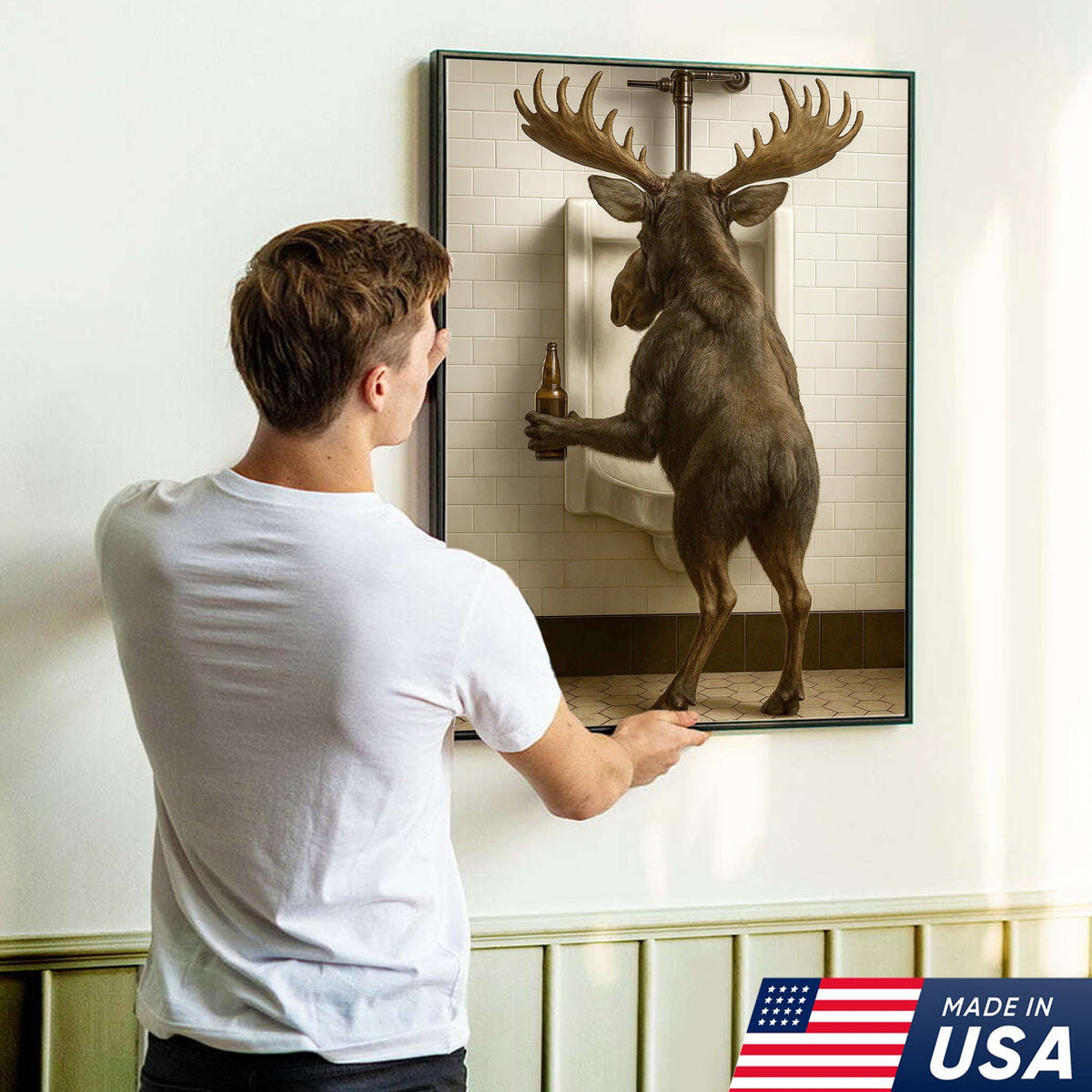 Moose Bathroom Canvas Wall Art - Funny Rustic Lodge Decor for Cabin and Hunting Enthusiasts