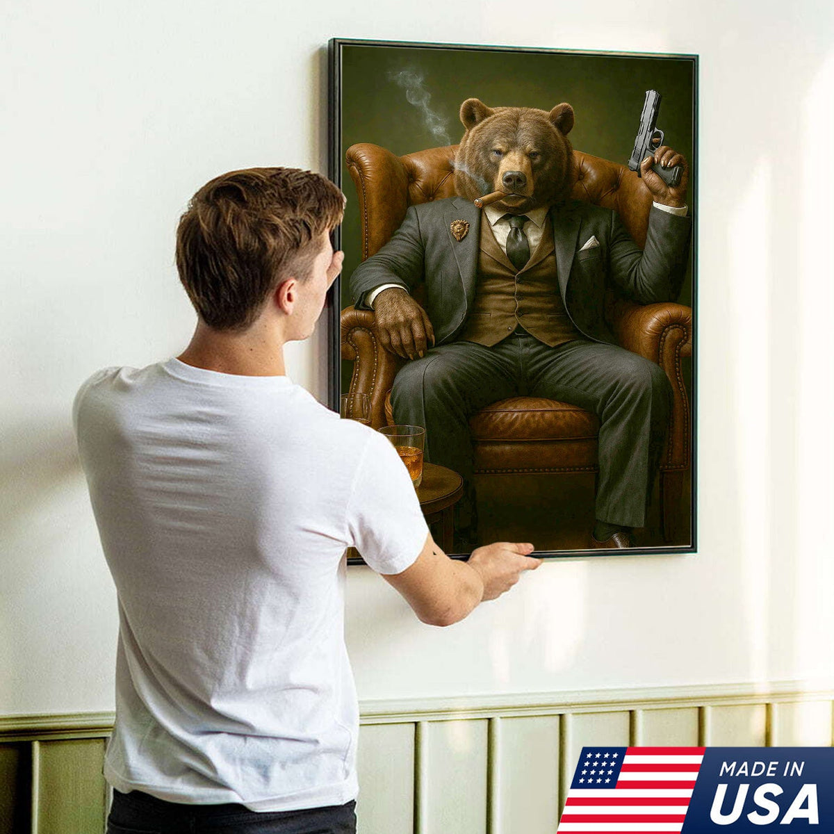 Boss Bear in Tailored Suit Canvas Wall Art, Powerful Gentleman Animal Portrait