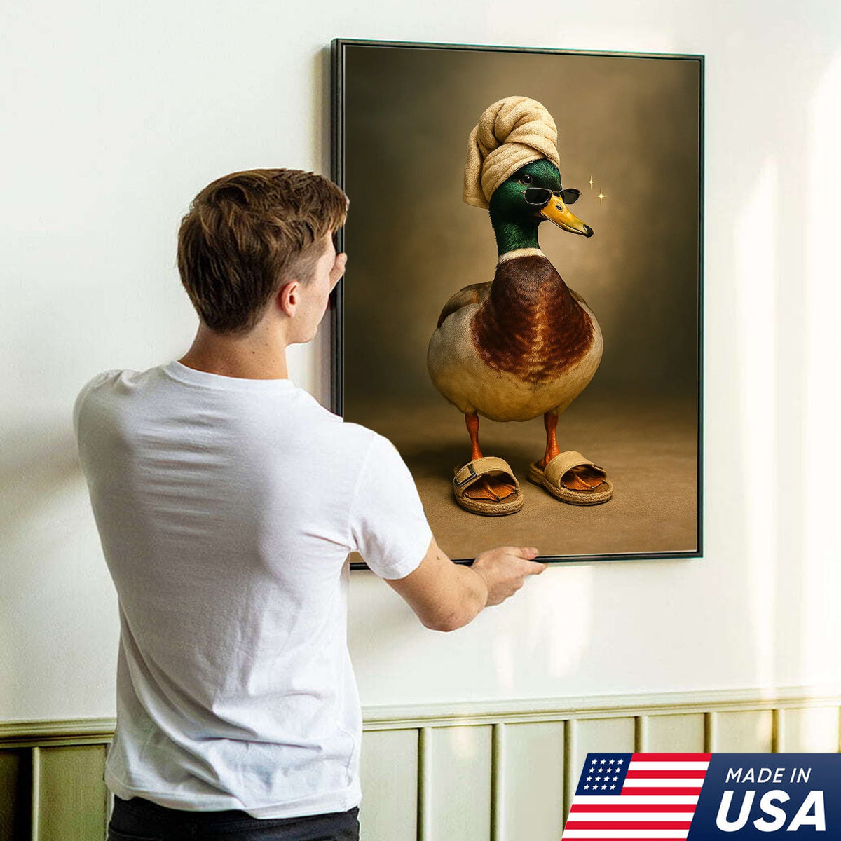 Spa Day Duck Canvas Wall Art, Funny Mallard in Towel and Sandals Bathroom Decor