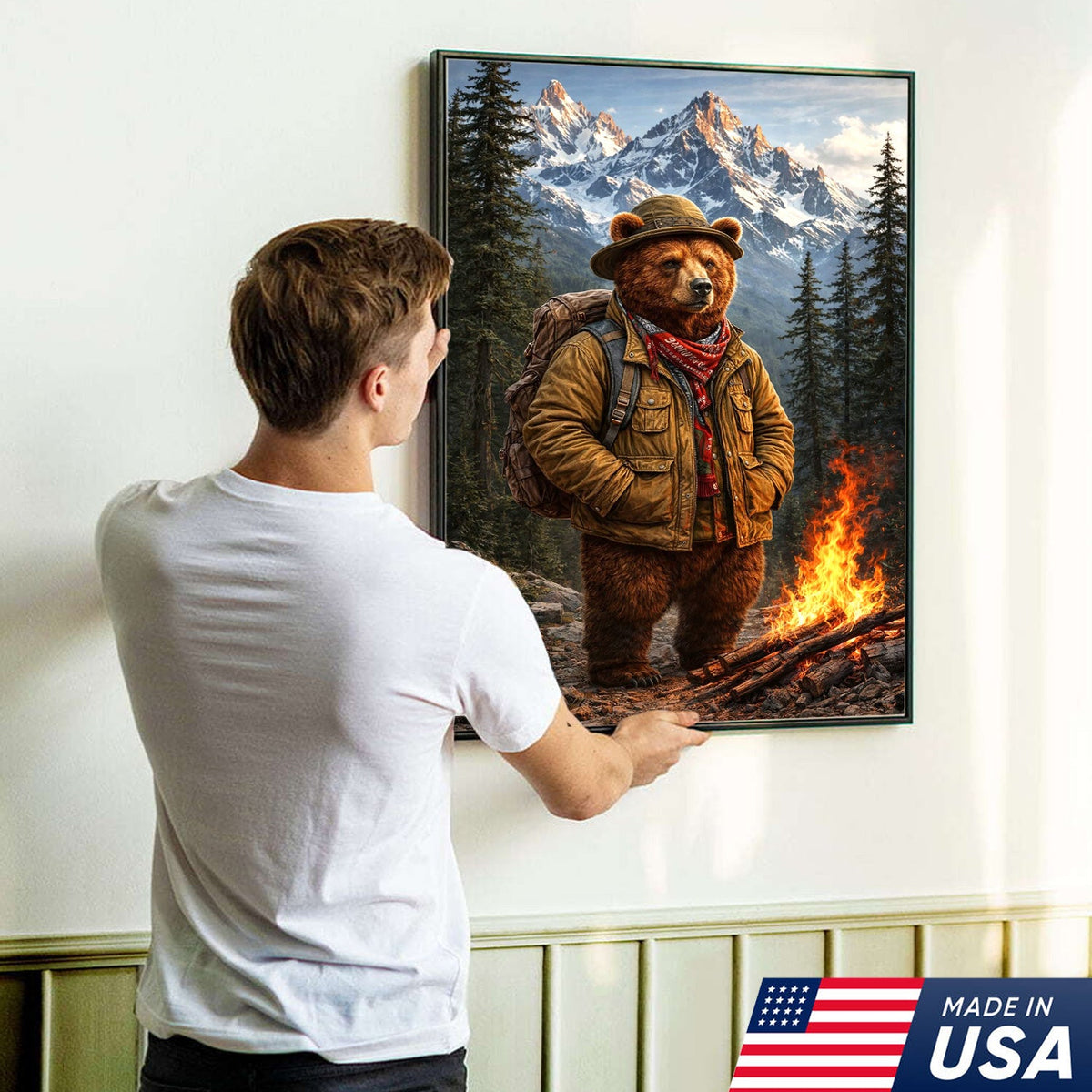 Mountain Explorer Bear Canvas Wall Art – Realistic Wildlife Hiking Print