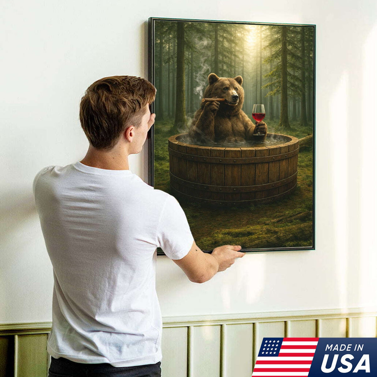 Relaxing Bear Forest Bath Canvas Wall Art, Whimsical Woodland Animal Illustration
