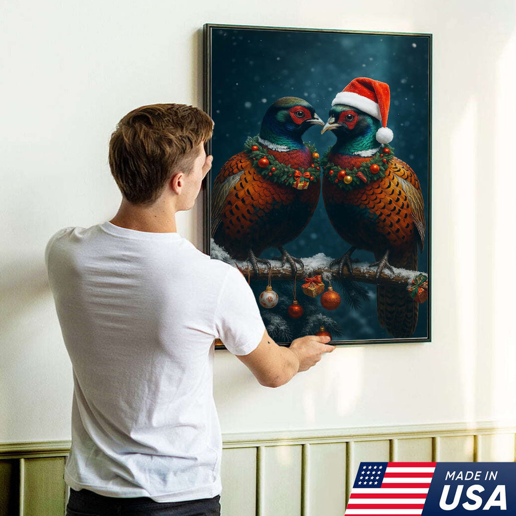 Christmas Pheasant Wall Art Canvas - Holiday Bird Couple Print, Rustic Wildlife Decor