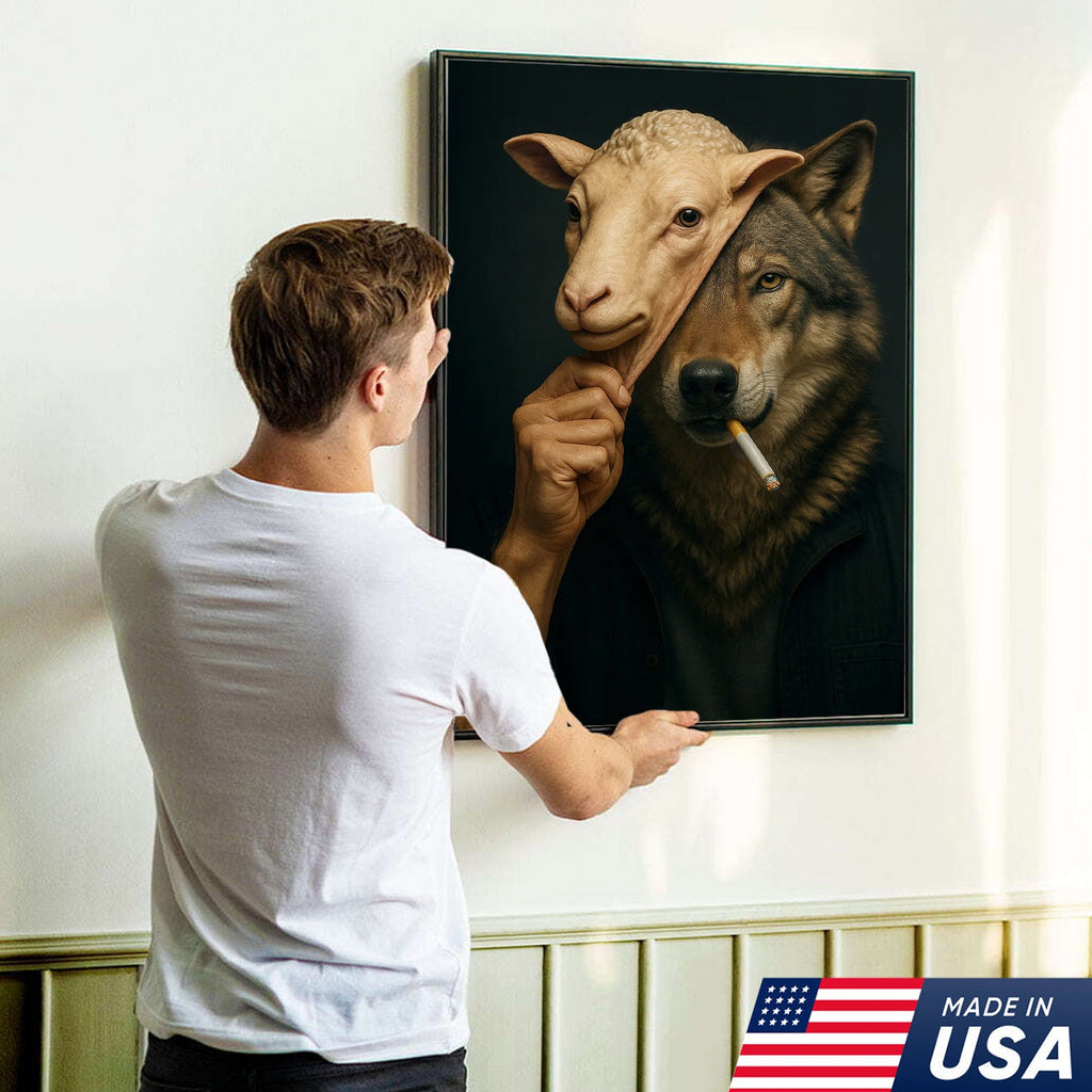 Dark Humor Wolf Wall Art — “Wolf in Sheep’s Clothing” Smoking Cigarette Concept Canvas