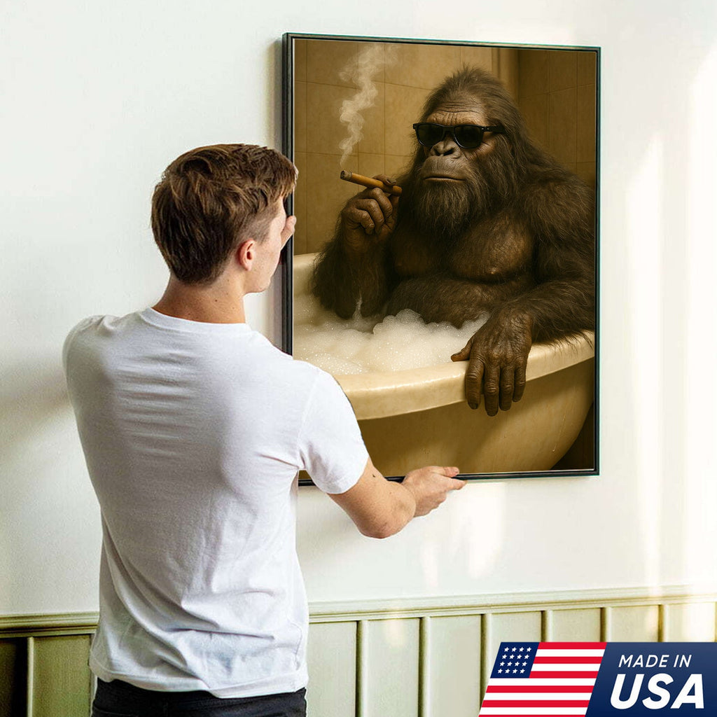 Funny Bigfoot Smoking Canvas Wall Art – Cool Bathtub Scene Gift for Hunters & Outdoorsmen