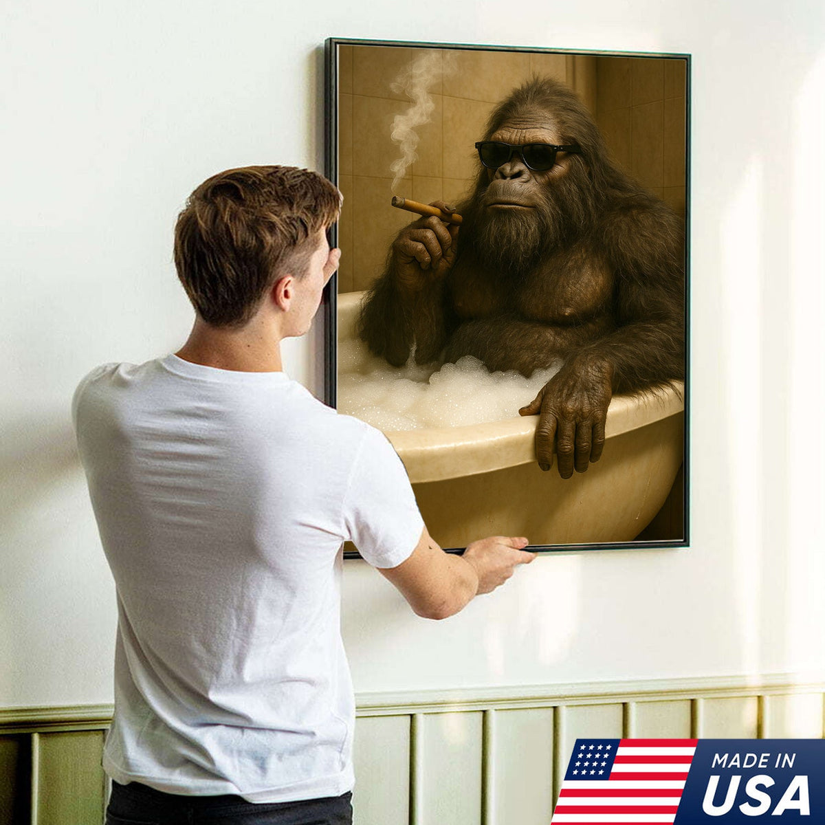 Funny Bigfoot Smoking Canvas Wall Art – Cool Bathtub Scene Gift for Hunters & Outdoorsmen