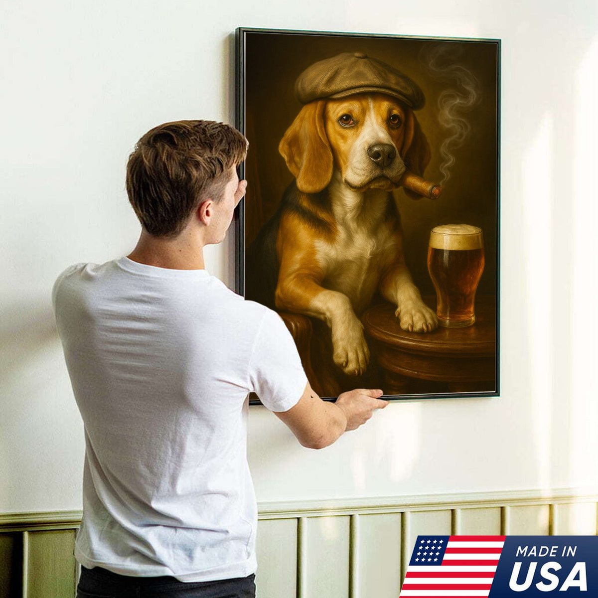 Beagle Dog Cigar Wall Art Canvas – Funny Beer Lover Wall Art for Rustic Bar & Man Cave
