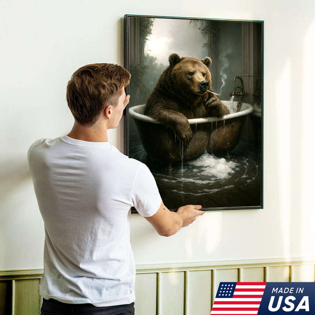 Smoking Bear in Bathtub Canvas – Surreal Rustic Wall Art for Man Cave & Lodge Decor