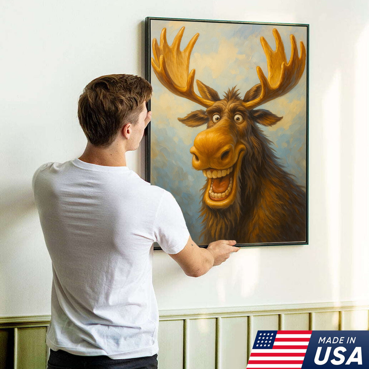 Funny Moose Wall Art – Cartoon Moose Decor, Rustic Cabin Gift, Lodge Bar Humor Canvas Print