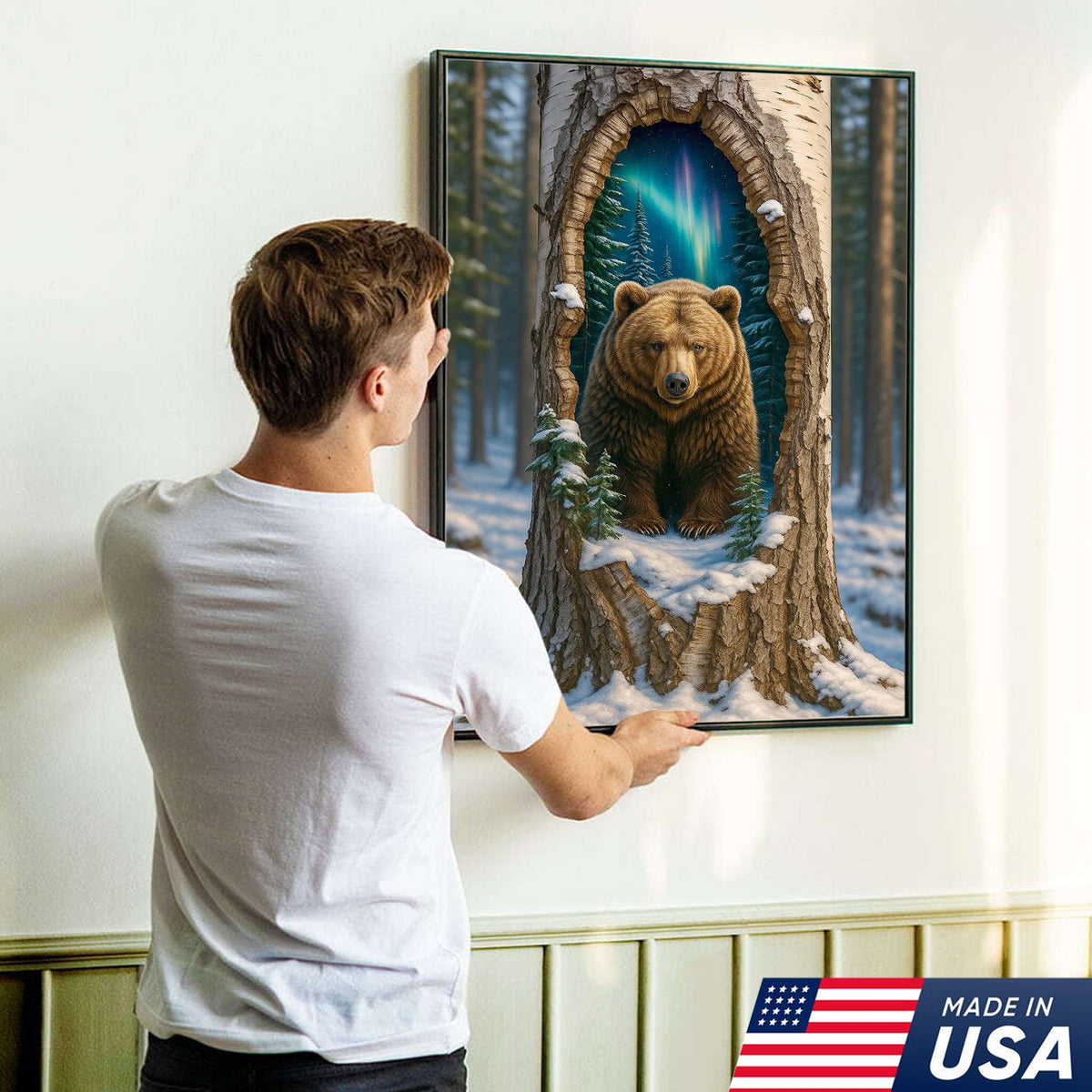 Aurora Borealis Bear in Hollow Tree Canvas Wall Art, Winter Forest Cabin Decor