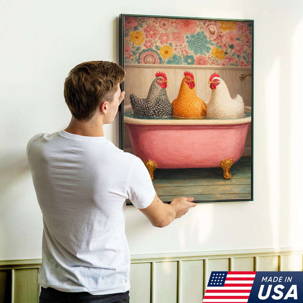 Funny Chicken Bathroom Canvas Wall Art – Chickens In Bathtub Painting