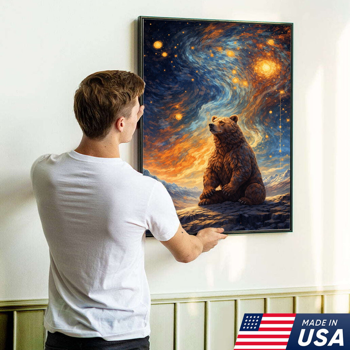 Cosmic Bear Under Starry Sky Canvas – Dreamy Galaxy Wildlife Wall Art