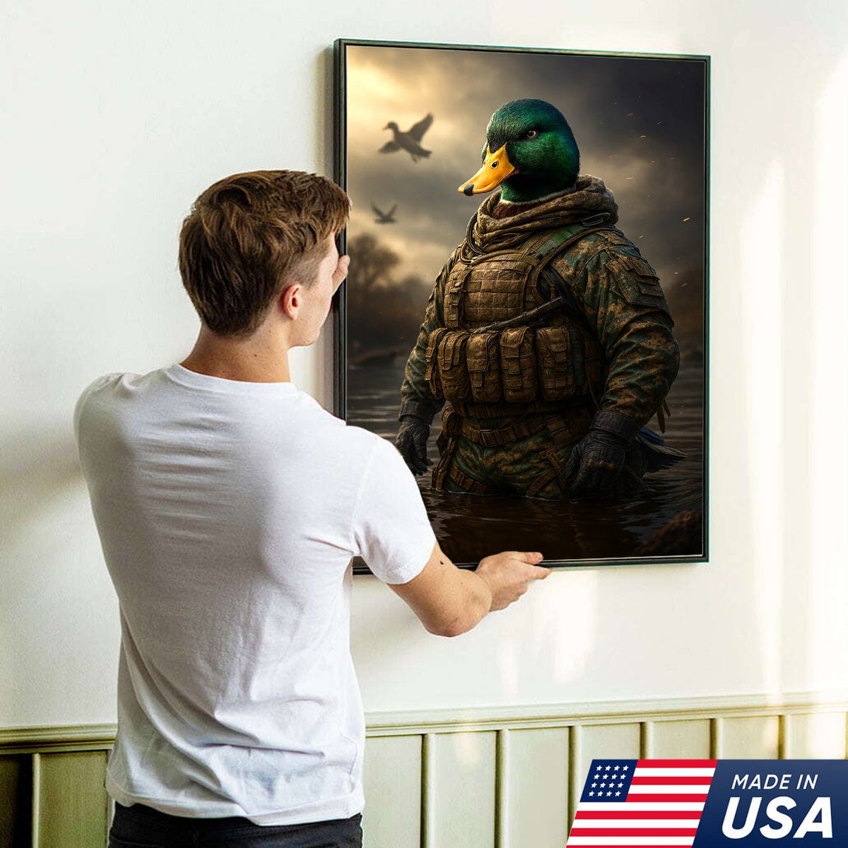 Tactical Duck Canvas Art – Elite Armored Mallard Warrior in Battle Scene