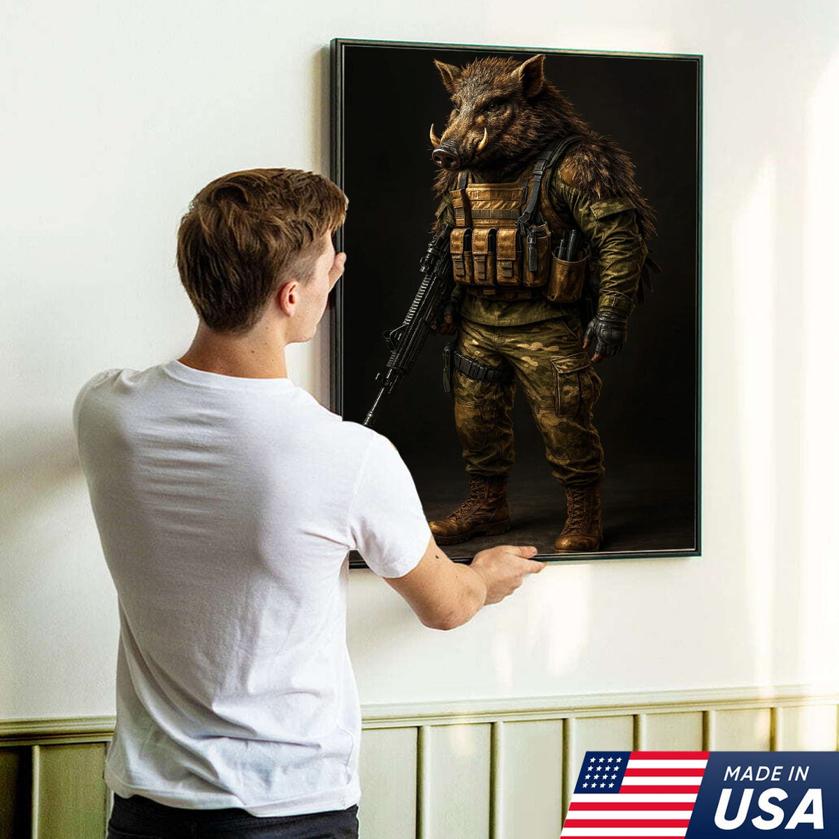 Tactical Boar Canvas Art – Armored Wild Hog Warrior in Combat Gear