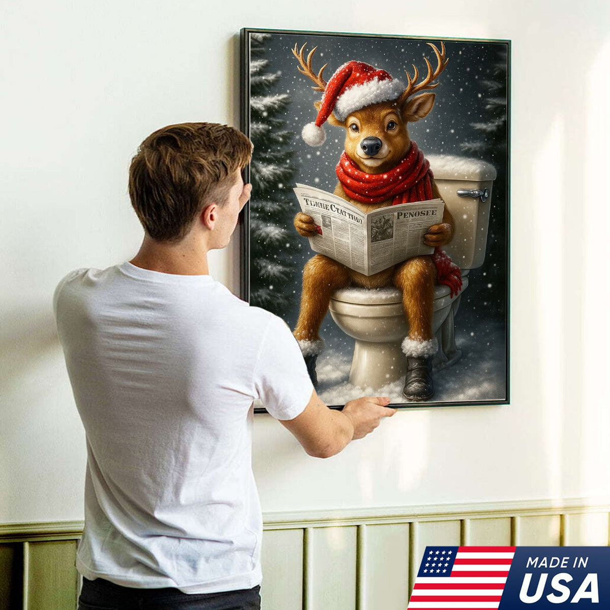 Funny Deer Christmas Canvas Wall Art – Holiday Bathroom Decor – Rustic Hunting Lodge Gift