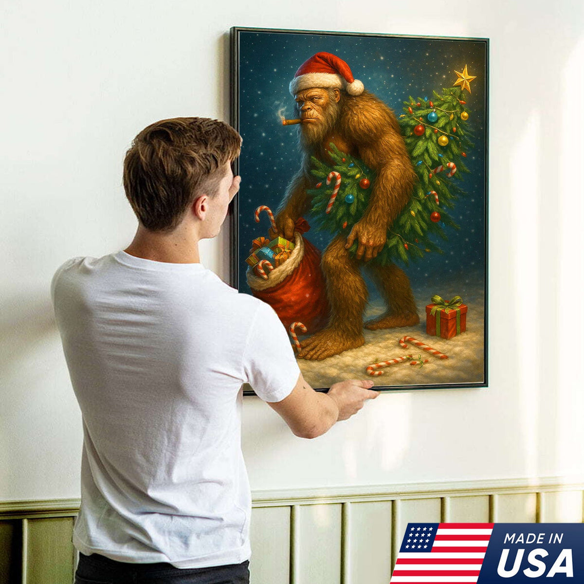 Funny Bigfoot Christmas Canvas Art, Sasquatch Holiday Wall Decor with Candy Canes