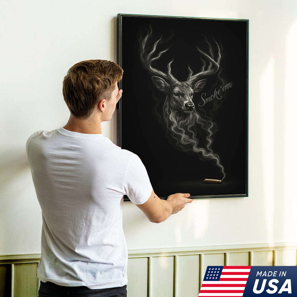 Smoke ’Em Deer Canvas, Rustic Hunter Wall Art, Smoky Buck Skull Design