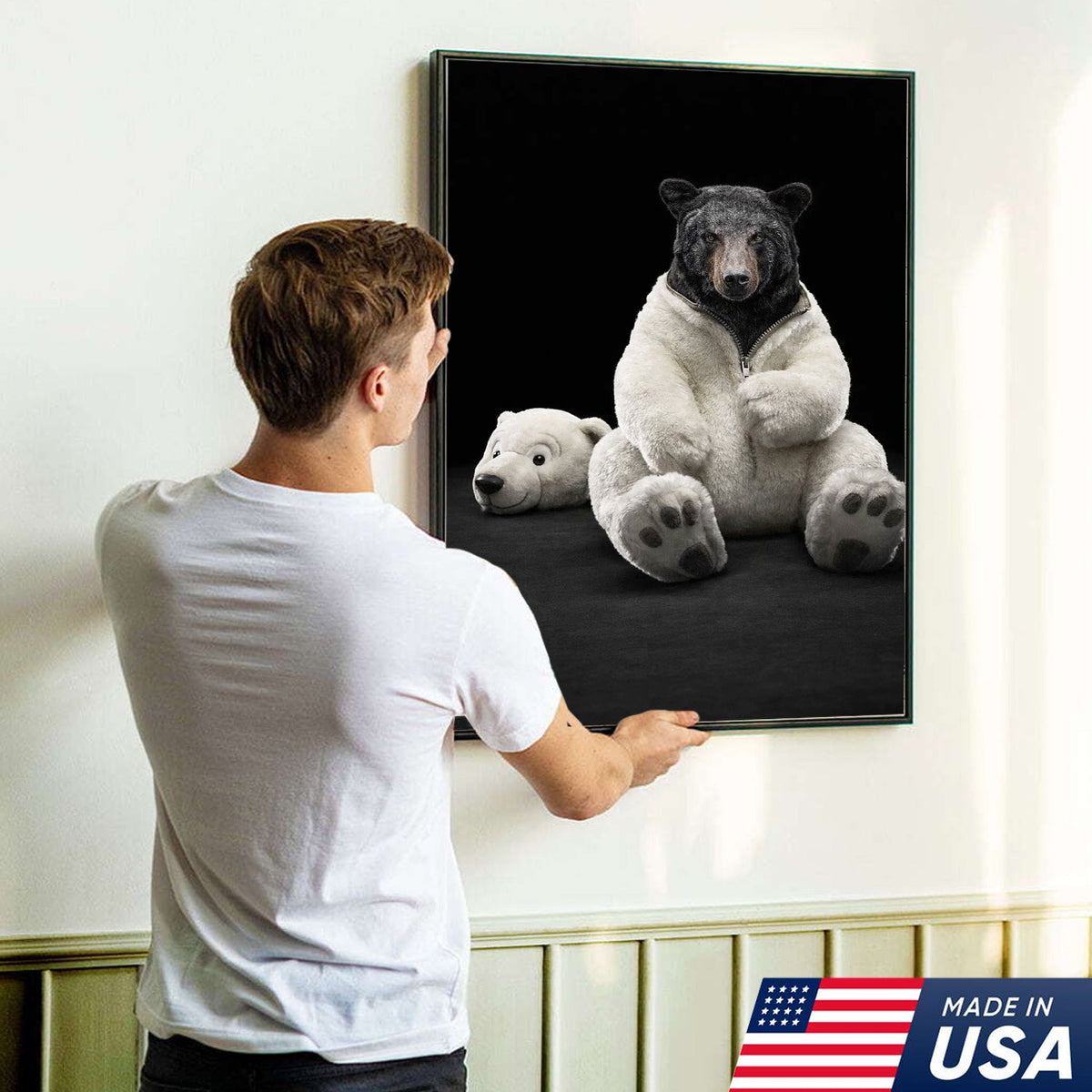 Cute Bear in Plush Suit Canvas Wall Art, Playful Bear Illustration with Soft Toy Head