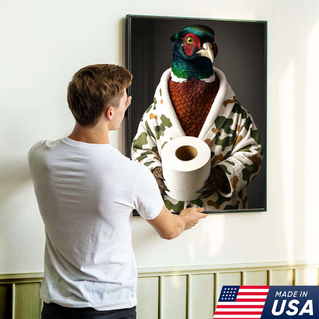 Funny Pheasant Bathroom Wall Art – Camo Robe Bird Holding Toilet Paper Print