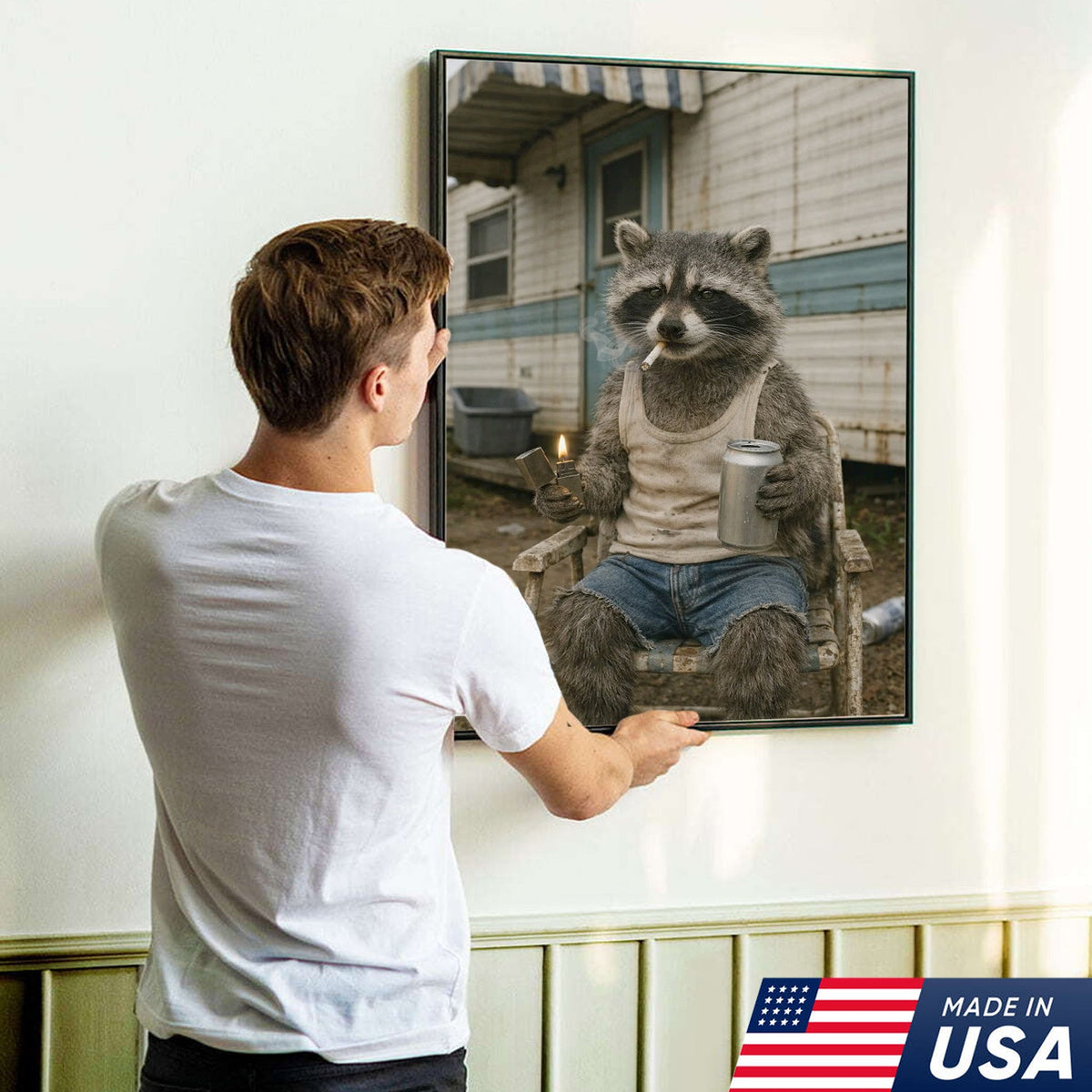 Funny Raccoon Trailer Park Canvas Wall Art, Redneck Raccoon Smoking with Beer