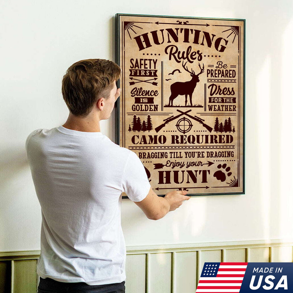 Hunting Rules Wall Art Canvas – Rustic Deer Hunting Lodge Decor – Safety First, Camo Required