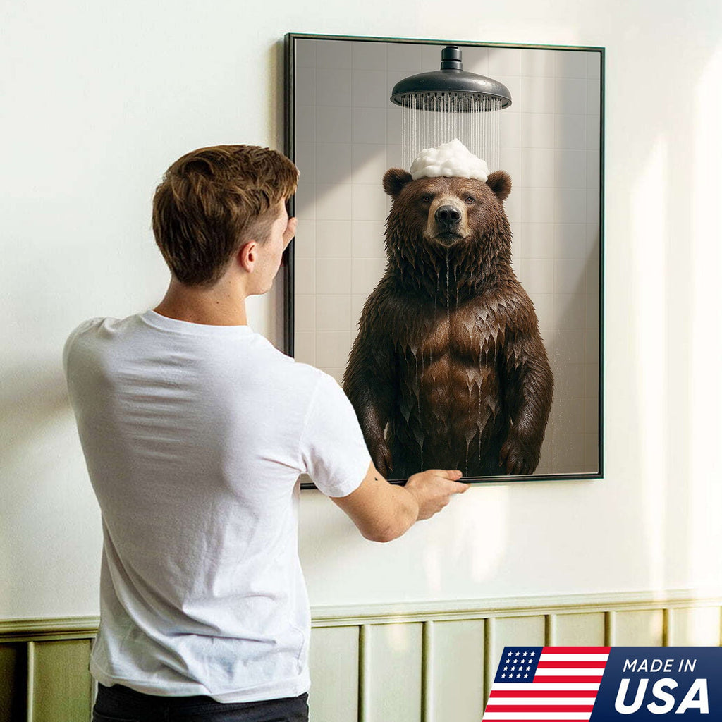 Funny Bear Taking Shower Bathroom Canvas Wall Art, Rustic Cabin Lodge Bathroom Decor