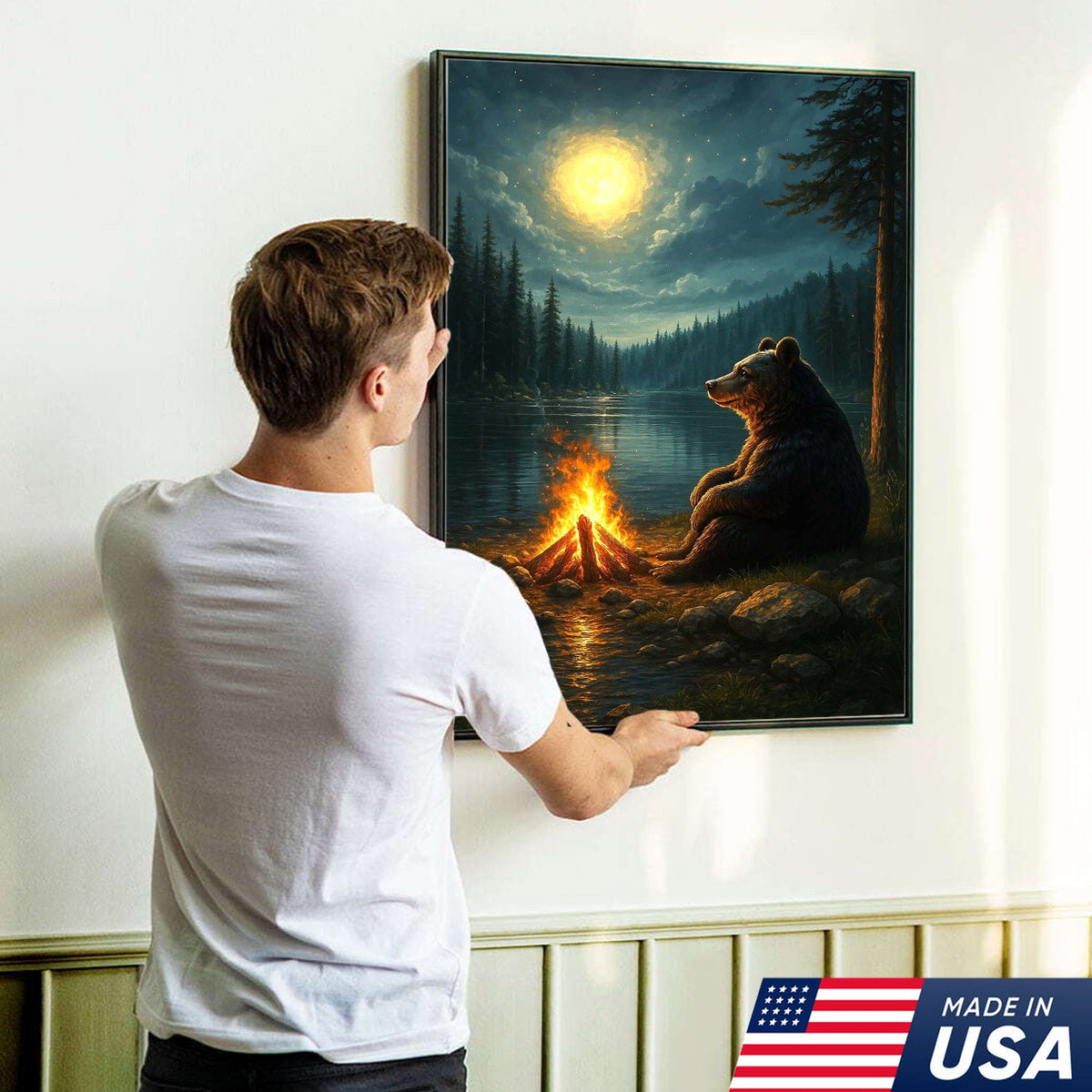 Bear Campfire Night Wall Art Canvas, Cozy Camping Bear by Lake