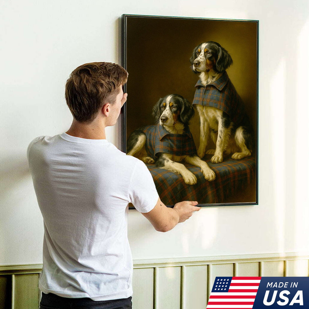Elegant Dog Portrait Christmas Canvas Wall Art – Classic Plaid Outfit Decor