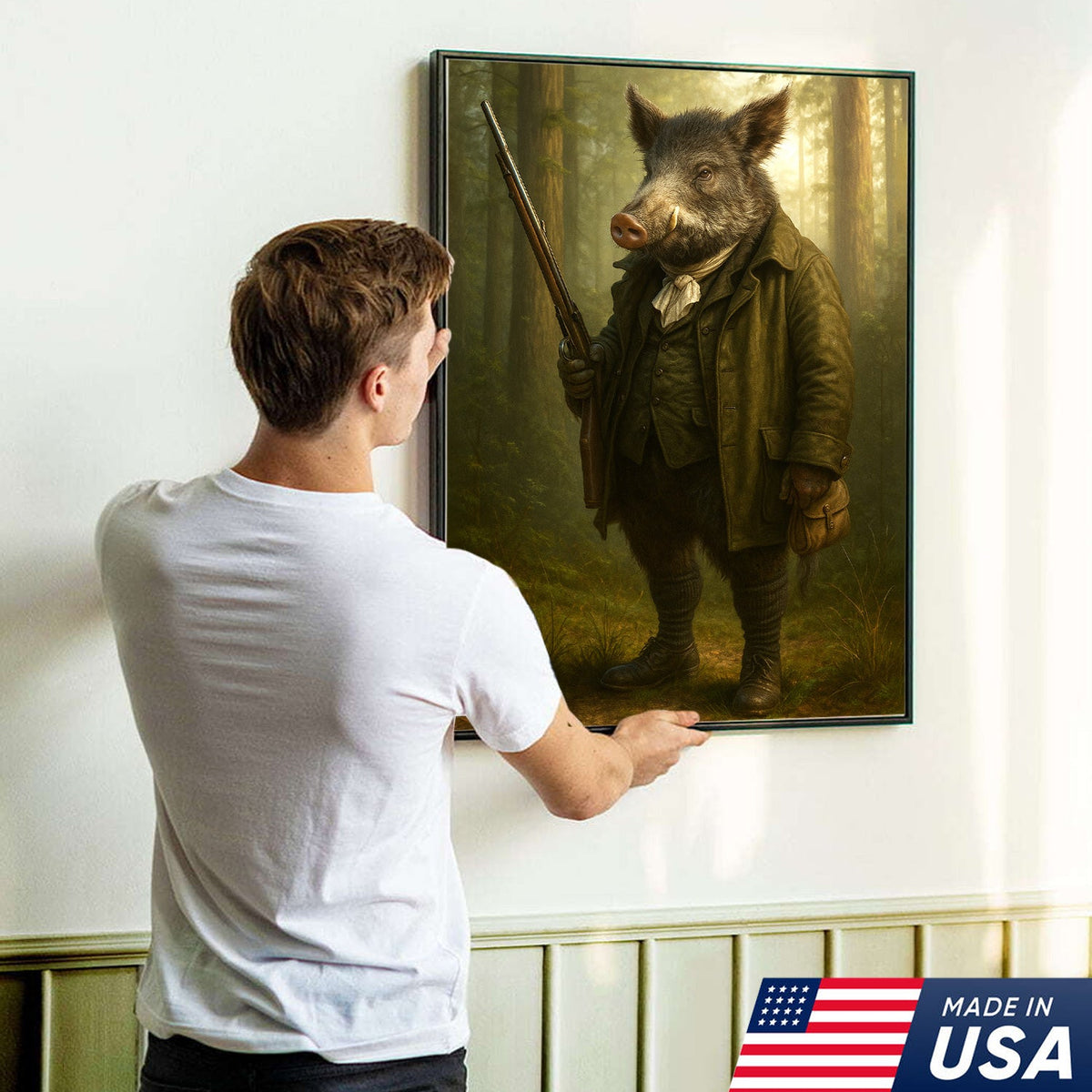 Funny Wild Boar Hunter Canvas Wall Art – Rustic Hunting Lodge Decor Gift for Hunters