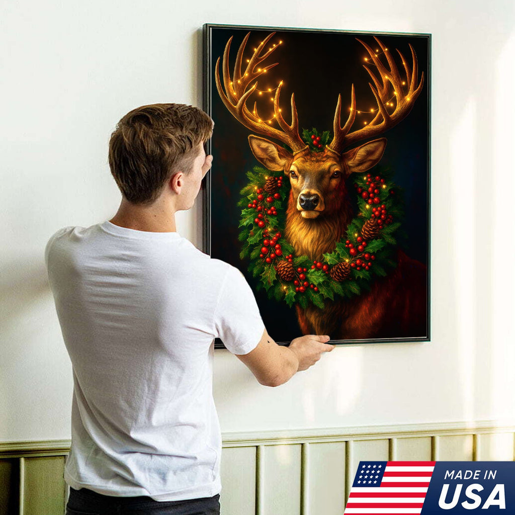 Christmas Deer Canvas Wall Art - Rustic Holiday Decor for Hunters, Cabin & Lodge Christmas Gift