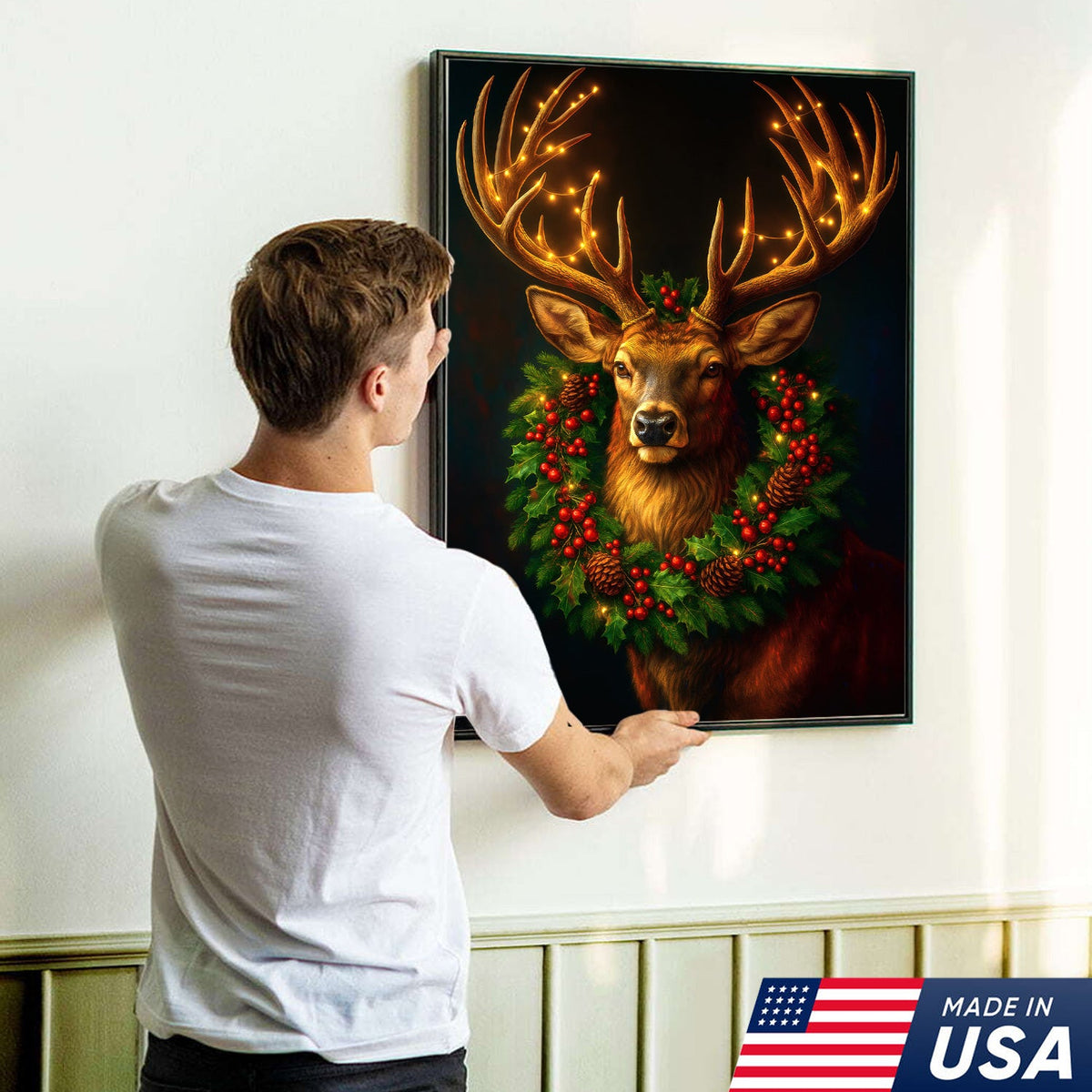 Christmas Deer Canvas Wall Art - Rustic Holiday Decor for Hunters, Cabin & Lodge Christmas Gift