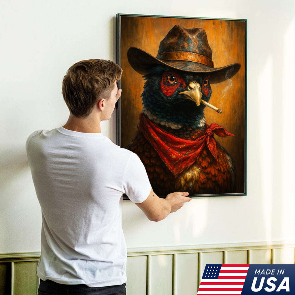 Smoking Pheasant Cowboy Portrait Canvas – Rustic Western Wall Art for Man Cave Decor
