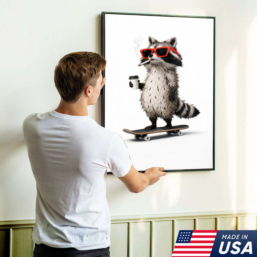 Cool Skateboard Raccoon Wall Art Canvas Print, Funny Urban Animal Illustration
