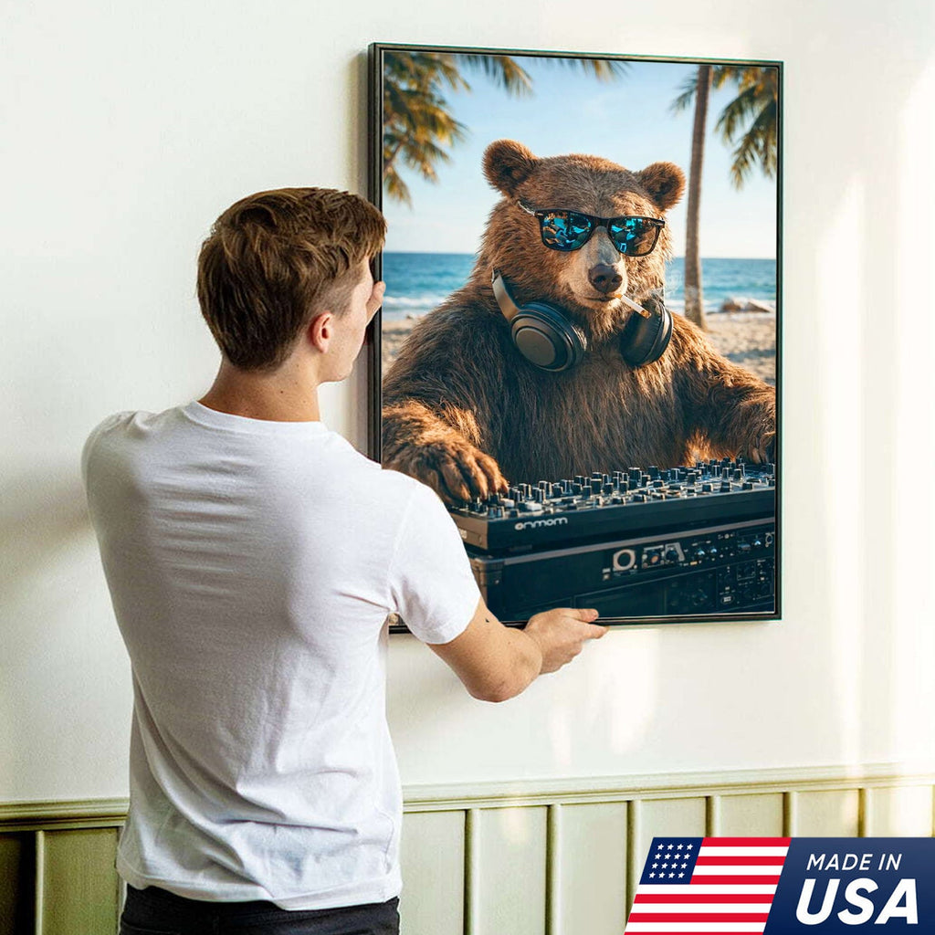 Cool DJ Bear Beach Canvas Wall Art – Trendy Animal Music Print