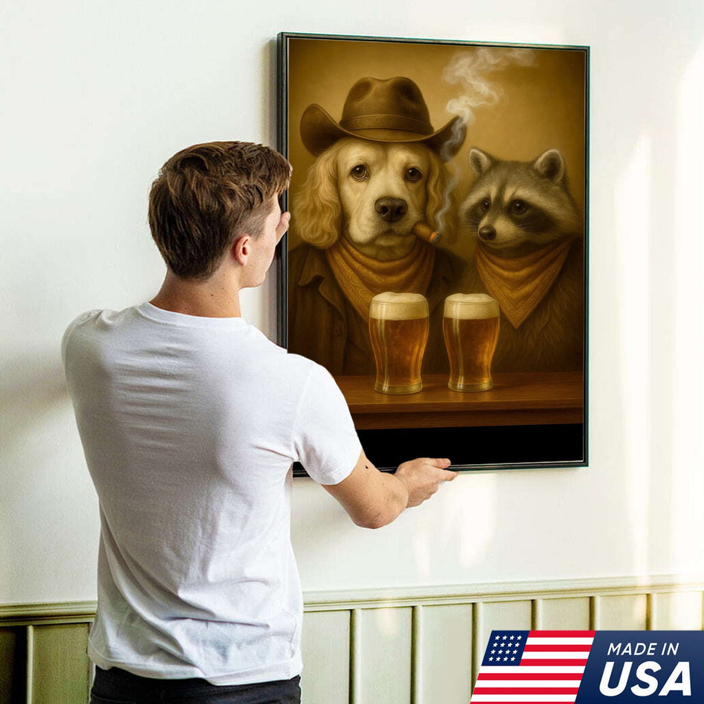 Funny Dog & Raccoon Bar Art – Cowboy Dog Smoking Cigar, Beer Buddies Wall Decor Gift for Men