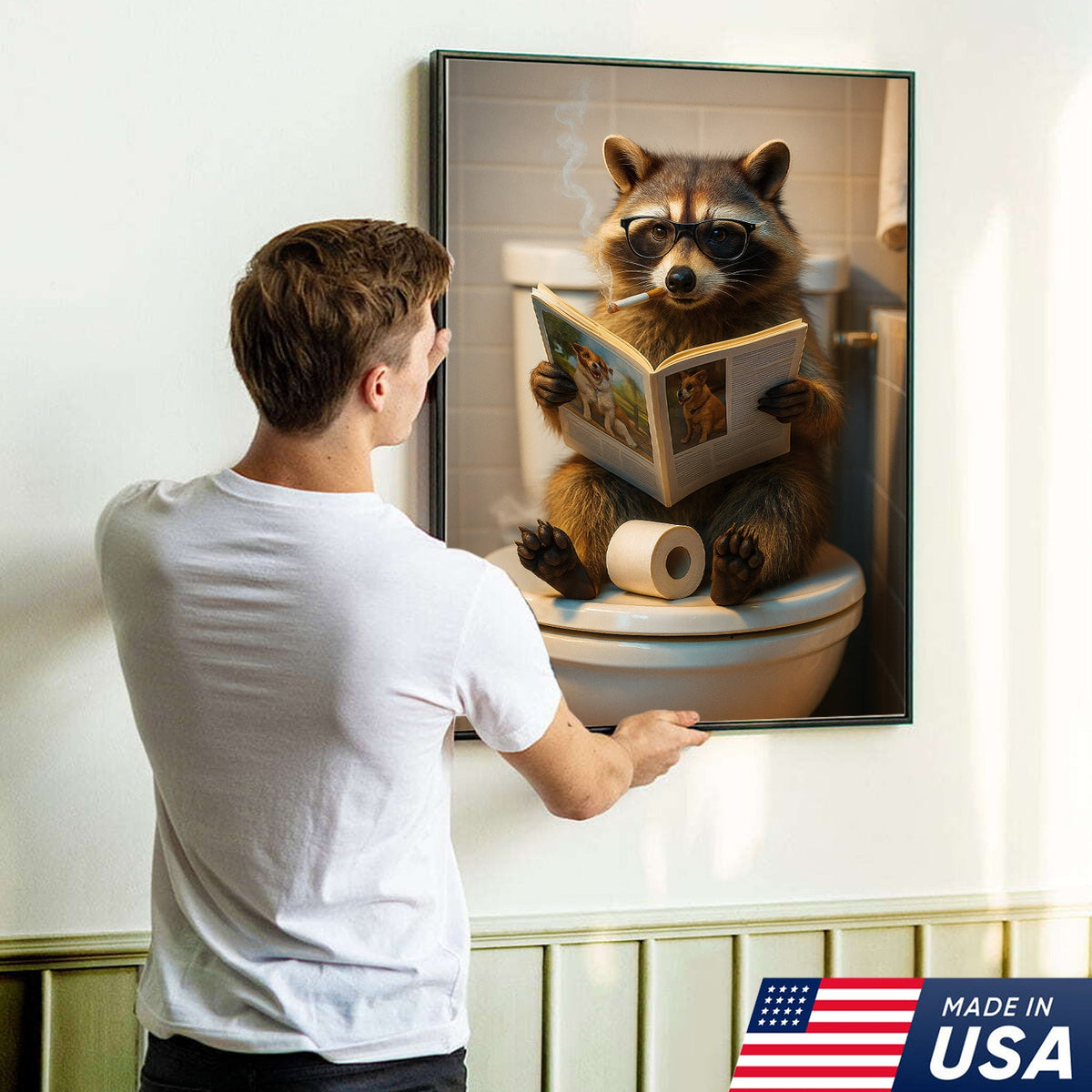 Funny Raccoon On Toilet Canvas – Smoking Raccoon Reading on Toilet, Bathroom Humor Wall Art