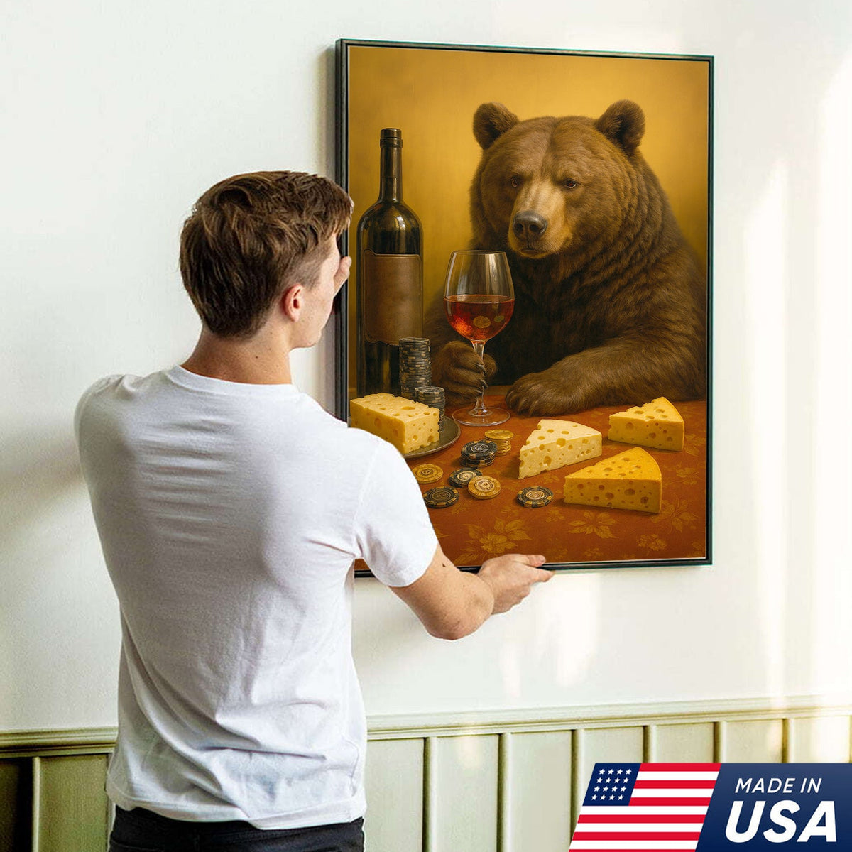 Funny Bear Wine & Cheese Wall Art Canvas - Poker Room Decor, Animal Painting for Home Bar
