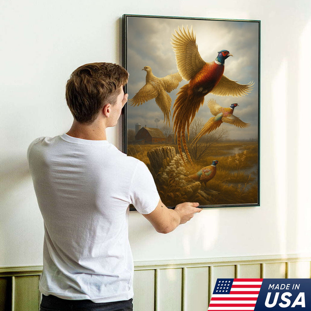 Pheasant in Flight Canvas – Rustic Countryside Wall Art for Lodge & Hunting Decor